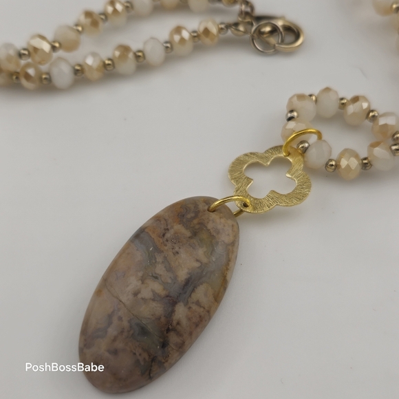 Handmade Crazy Lace Agate Pendant Necklace - Gold Accents, Natural Stone, 30" - Picture 9 of 16